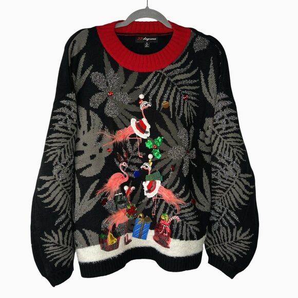 33 Degrees Flamingo Ugly Christmas Sweater Embellished Pink Feathers Size Medium - Picture 1 of 15